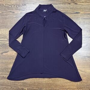 Sympli Tunic Top Womens 12 Purple Mock Neck Laser Cut Long Sleeve Jersey